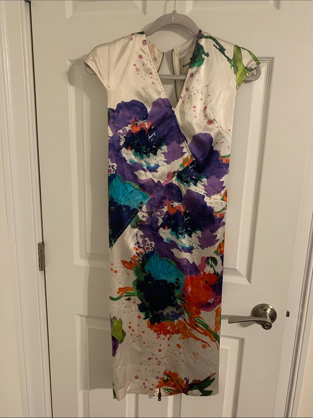 Floral V-Neck White Midi Dress with Purple & Teal Blooms